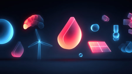 This artwork features abstract shapes representing renewable energy concepts, including water, wind, and solar elements, highlighting innovation and sustainability.の素材