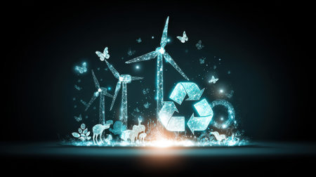 This vibrant digital illustration features wind turbines surrounded by magical elements like butterflies and animals, emphasizing sustainability and renewable energy.の素材