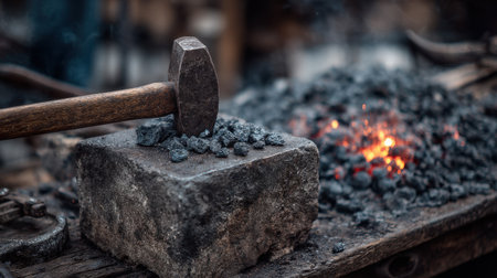 A striking image of a hammer resting on a rough stone anvil, surrounded by glowing coals in a traditional blacksmith workshop, showcasing craftsmanship.の素材