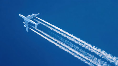 An airplane flies high in a clear blue sky, leaving a white contrail behind. This serene scene captures the essence of air travel and adventure.の素材