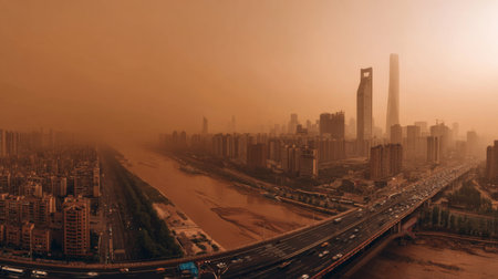 A striking urban landscape shrouded in a dust storm, showcasing towering buildings and a river, capturing the raw power of nature amid city life.の素材