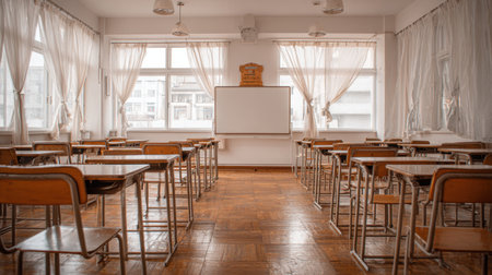 A spacious and bright classroom featuring wooden desks arranged in an organized manner, large windows allowing natural light, and a welcoming atmosphere for learning.の素材