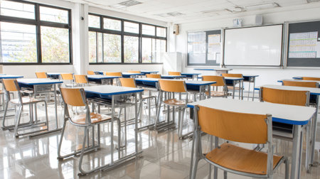 A bright and spacious classroom featuring modern desks and chairs, large windows allowing natural light, and an organized learning environment ideal for students.の素材