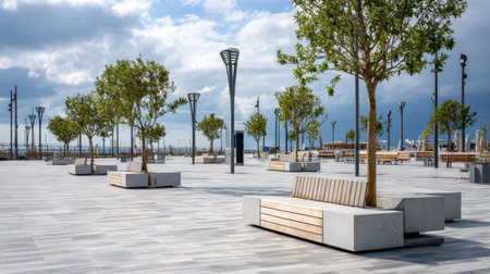 A contemporary urban plaza featuring minimalist wooden benches and lush trees against a backdrop of a scenic cloudy sky, ideal for relaxation.の素材