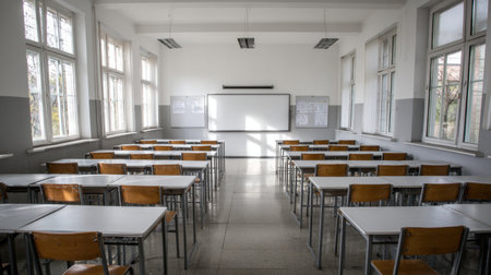 A bright and spacious classroom featuring empty desks and chairs arranged neatly, illuminated by natural light through open windows, promoting an ideal learning environment.の素材