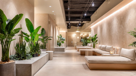 Experience a tranquil wellness retreat featuring stylish interiors with lush plants, comfortable seating, and soft lighting, perfect for relaxation and rejuvenation.の素材
