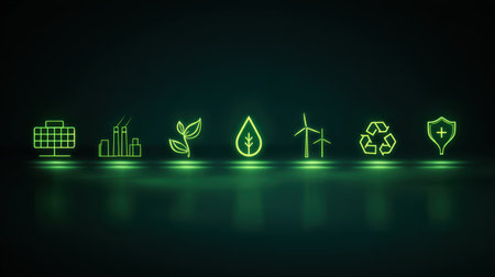 A striking collection of neon green icons representing green energy innovations, including solar panels, wind turbines, and recycling symbols, emphasizing sustainability.の素材