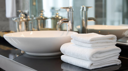 Discover an elegant and modern bathroom setup showcasing neatly stacked white towels beside a stylish sink, creating a relaxing and inviting atmosphere.の素材