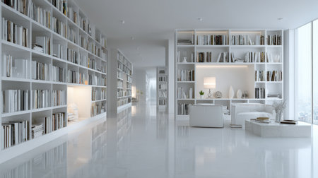 This image showcases a modern minimalist library interior featuring elegant shelving filled with books, bright natural light, and stylish furniture, creating a serene and peaceful atmosphere.の素材