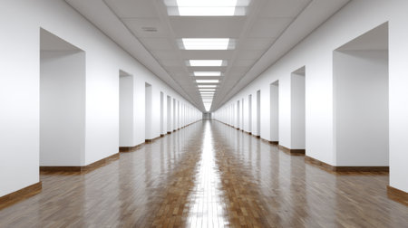 This image captures a bright and spacious hallway featuring a minimalistic design, perfect for various interior concepts and modern aesthetics.の素材