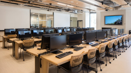A spacious and modern classroom featuring multiple workstations with computers and ergonomic chairs, tailored for effective learning and collaboration.の素材