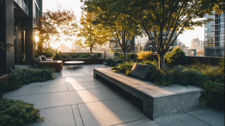Discover a tranquil urban rooftop garden showcasing modern seating arrangements among lush greenery, bathed in warm sunlight on a clear day.の素材