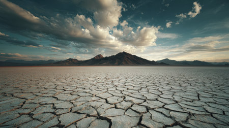 Stunning view of an arid desert landscape featuring cracked earth and mountains under a dramatic sky. Ideal for nature and travel themes.の素材
