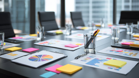 A vibrant conference room setup features colorful charts, sticky notes, and stationery items for an engaging business meeting. Ideal for teamwork.の素材