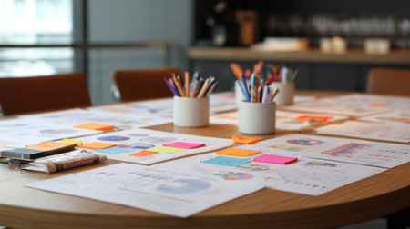 A vibrant workspace showcases colorful pens and sticky notes arranged around documents and charts on a wooden table, reflecting creativity and organization.の素材
