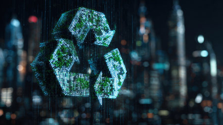 A stunning depiction of a digital recycling symbol illuminated with green elements, set against a vibrant city skyline, emphasizing the fusion of technology and sustainability.の素材