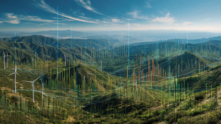 Beautiful mountain landscape featuring wind turbines surrounded by rolling hills. Abstract data visualization overlays highlight renewable energy concepts and sustainability.の素材