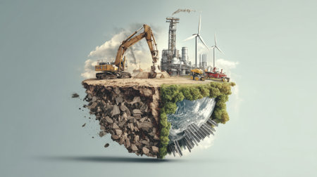 This surreal image portrays a blend of heavy industry and renewable energy, encapsulating the duality of progress and environmental impact in a unique landscape.の素材