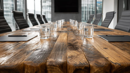 A contemporary conference room featuring a rustic wooden table surrounded by sleek chairs, creating an inviting atmosphere for business meetings.の素材