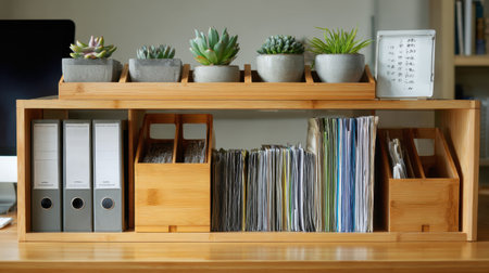 A stylish wooden desk organizer showcasing succulent plants and neatly arranged office supplies, perfect for enhancing workspace aesthetics and organization.の素材
