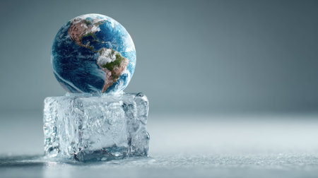 The image features a globe resting on an ice cube, highlighting the urgent issue of global warming and its significant impact on our planet's environment.の素材