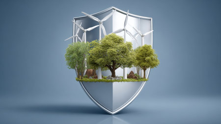 A modern visual representation of sustainability, featuring a protective shield that incorporates trees and wind turbines, symbolizing ecological balance and innovation.の素材