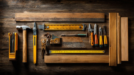 A meticulously arranged collection of essential hand tools alongside various wooden pieces on a rustic workbench, ideal for craftsmanship and repair projects.の素材