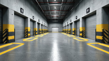 This image showcases an empty industrial garage space featuring closed roller doors, polished concrete flooring, and striking yellow safety lines, creating a modern industrial ambiance.の素材