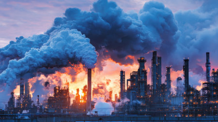 A striking industrial landscape featuring smokestacks emitting billowing clouds against a dramatic sunset. This image captures the essence of industrial activity and its impact on the environment. Perfect for illustrating themes of energy production and urban development.の素材