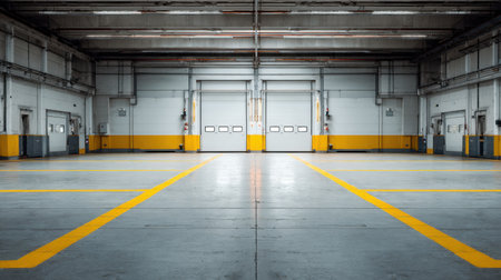 This image showcases an empty industrial warehouse with a clean concrete floor and yellow safety lines. The modern design features large doors and ample space, ideal for storage and logistics functions.の素材