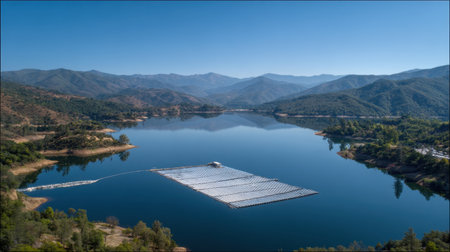 Experience the beauty of nature in this tranquil aerial shot of a serene lake surrounded by majestic mountains under a bright blue sky.の素材