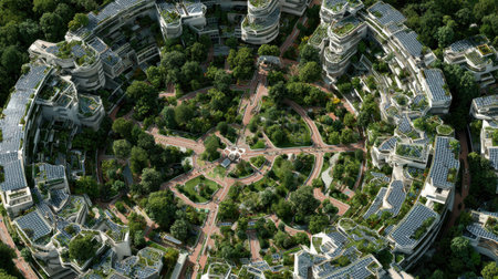 Aerial view of a modern urban design featuring circular architecture surrounded by lush greenery, highlighting sustainable living and innovation in city planning.の素材