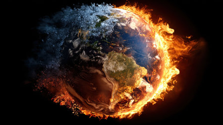 A stunning representation of Earth engulfed in flames and water, symbolizing climate change and its effects on the planetの素材