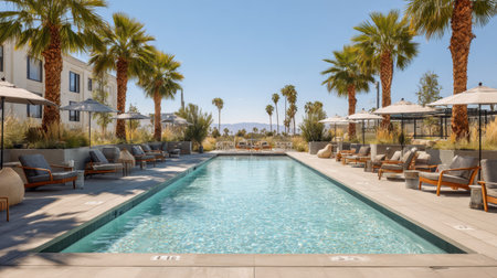 Experience the serene beauty of a resort pool surrounded by lush palm trees and comfortable loungers. Enjoy a peaceful day under clear blue skies.の素材