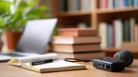 This image presents a cozy workspace featuring a laptop, a notepad, a microphone, and stacked books, creating an inviting environment for productivity and creativity.の素材