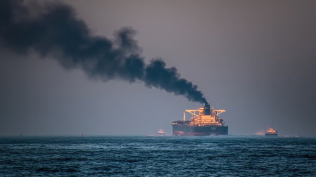 A large cargo ship releasing thick black smoke travels through open waters at dusk, highlighting the contrast between industry and nature.の素材