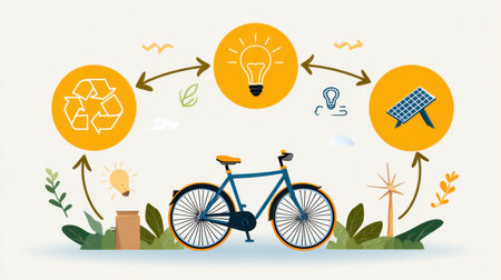 Creative infographic featuring a bicycle surrounded by symbols of sustainability, including recycling, renewable energy sources, and eco-friendly practices.の素材