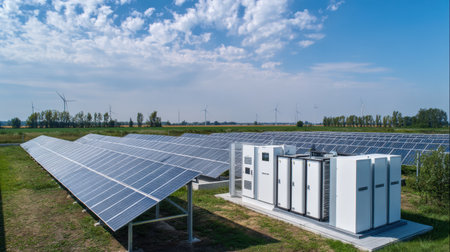 A modern solar energy generation system featuring photovoltaic panels and energy storage units in an expansive landscape under a clear sky.の素材