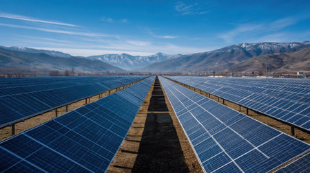 A stunning view of a solar panel field showcasing rows of solar panels with a majestic mountain range and clear blue sky in the background.の素材