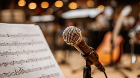 A close-up of a microphone positioned beside sheet music featuring notes, with a guitar and musical instruments softly blurred in the background.の素材