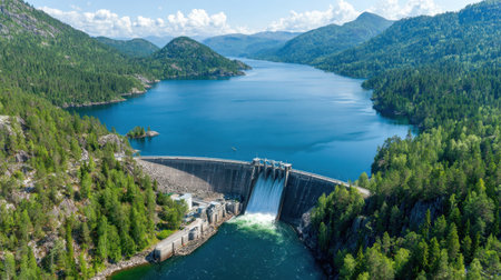 This stunning aerial image showcases a dam set against a backdrop of verdant mountains, pine trees, and a clear blue lake, embodying serenity and nature's beauty.の素材