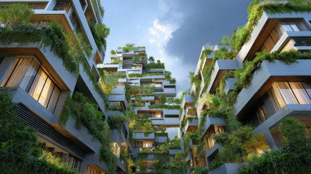 An eye-catching modern apartment building integrates lush greenery into its architecture, showcasing urban sustainability and innovative design that promotes a harmonious living environment.の素材