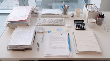A modern office workspace featuring neatly arranged papers, office supplies, and technology tools, perfect for enhancing productivity and organization.の素材