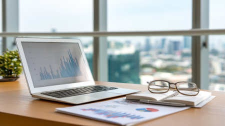A modern office workspace featuring a laptop displaying data analytics, alongside charts and glasses on a wooden table with a city skyline view.の素材