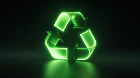 This image features a bright green neon recycle symbol glowing against a dark background, symbolizing eco-friendly practices and sustainability efforts in modern society.の素材