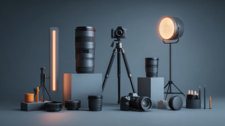 A modern display of professional photography equipment including a camera, various lenses, a tripod, and lighting elements on a sleek gray background.の素材