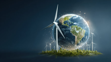 This striking image showcases a blend of wind turbines around a vibrant Earth, emphasizing innovation in green energy and the importance of sustainability.の素材