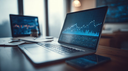 A modern workspace featuring a laptop displaying financial data and graphs. The background shows a blurred view of additional devices, symbolizing productivity and technology.の素材