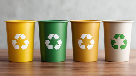 This image shows four colorful recycling cups designed for waste sorting, featuring recycling symbols, perfect for promoting eco-friendly practices.の素材