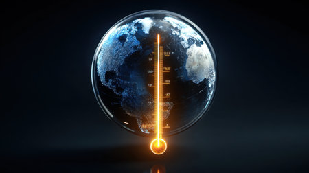 This illustration depicts a glowing thermometer measuring temperature changes on Earth. It symbolizes climate awareness and global warming impact.の素材
